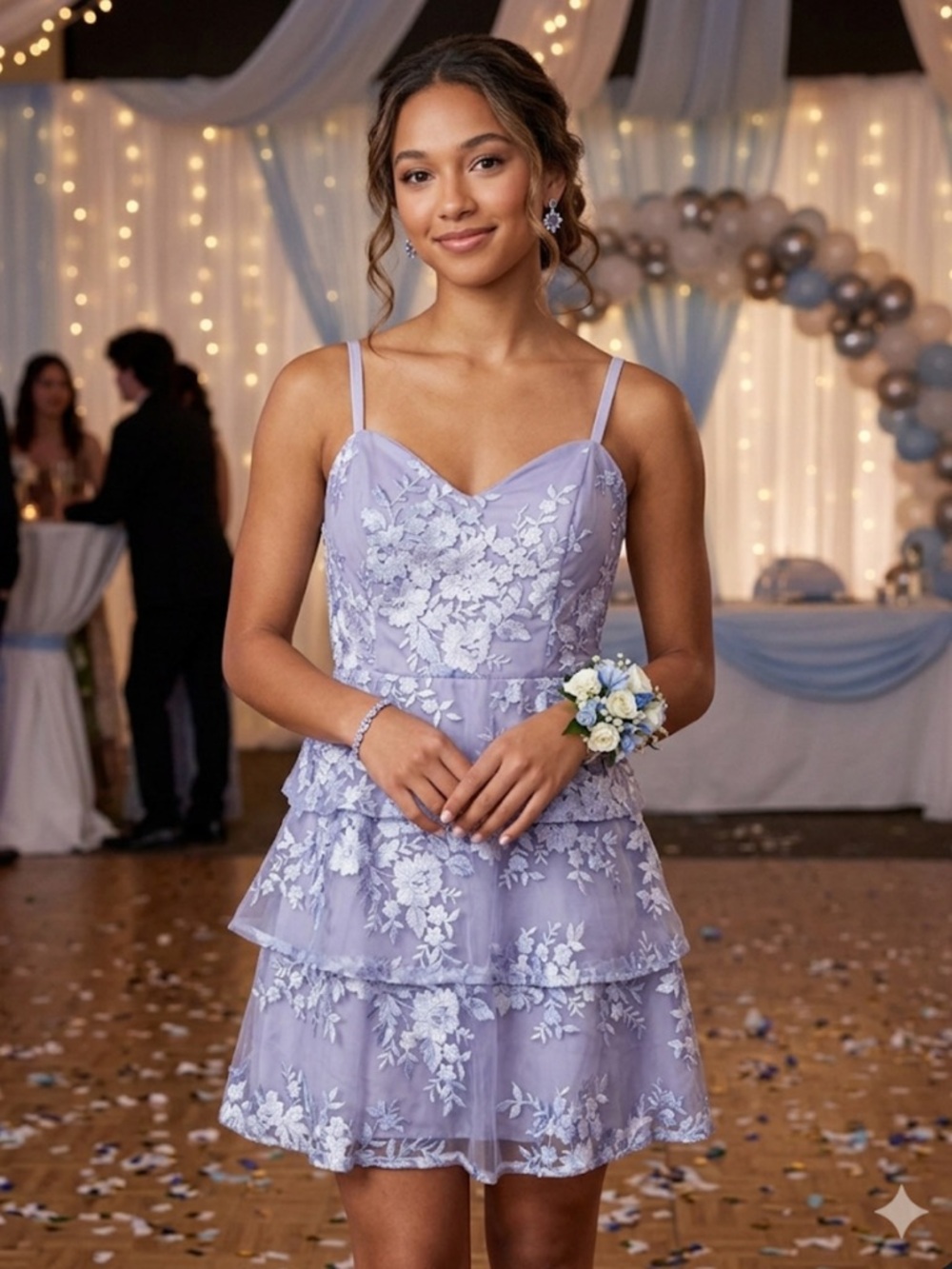 BCX Dress Party Blue Floral Embroidered Tiered Cocktail Mini Dress Size 13 NWT